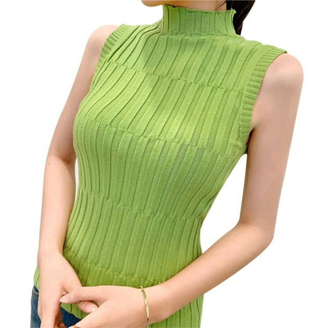 Gilets Sans Manches à Col Roulé Ajustés en Tricot pour Femmes, Couleur Unie, Mode, Jaune