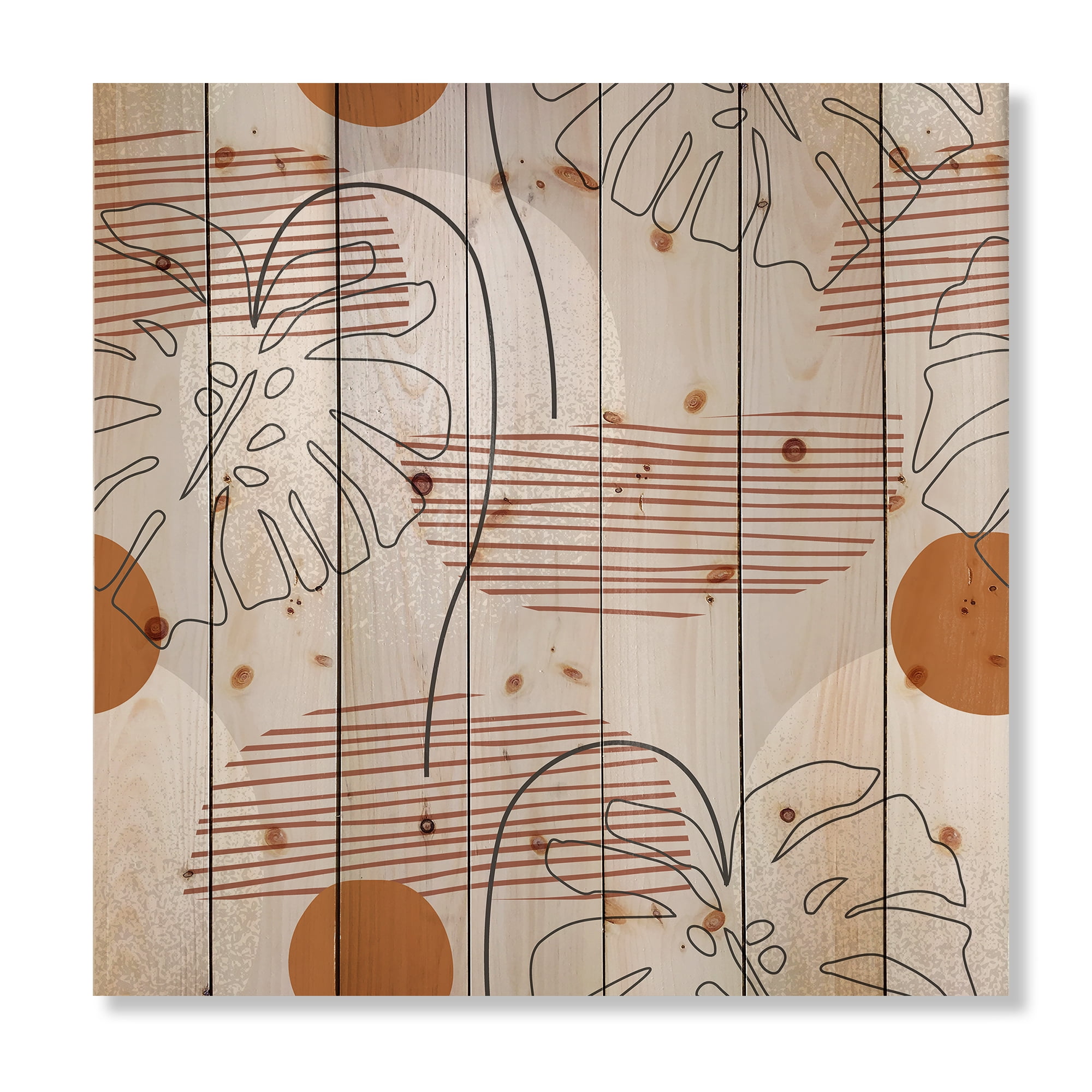 Designart 'Abstract Monstera Leaf and One Line Art Shapes' Modern Print on Natural Pine Wood