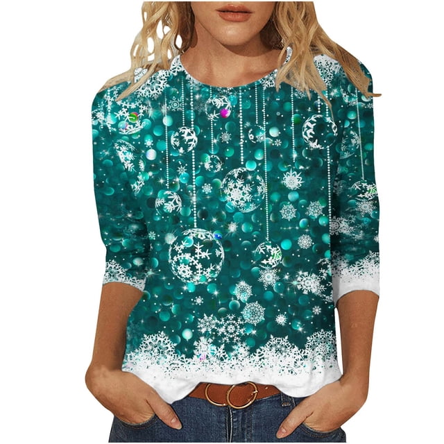 Pisexur Chandails en Molleton de Noël pour Femmes Manches 3/4 Chemises pour Femmes Chandails en Molleton Graphiques Amusants Col Rond Décontractés Vacances Chandails à Capuchon Confort Mode Automne Chandail Tops
