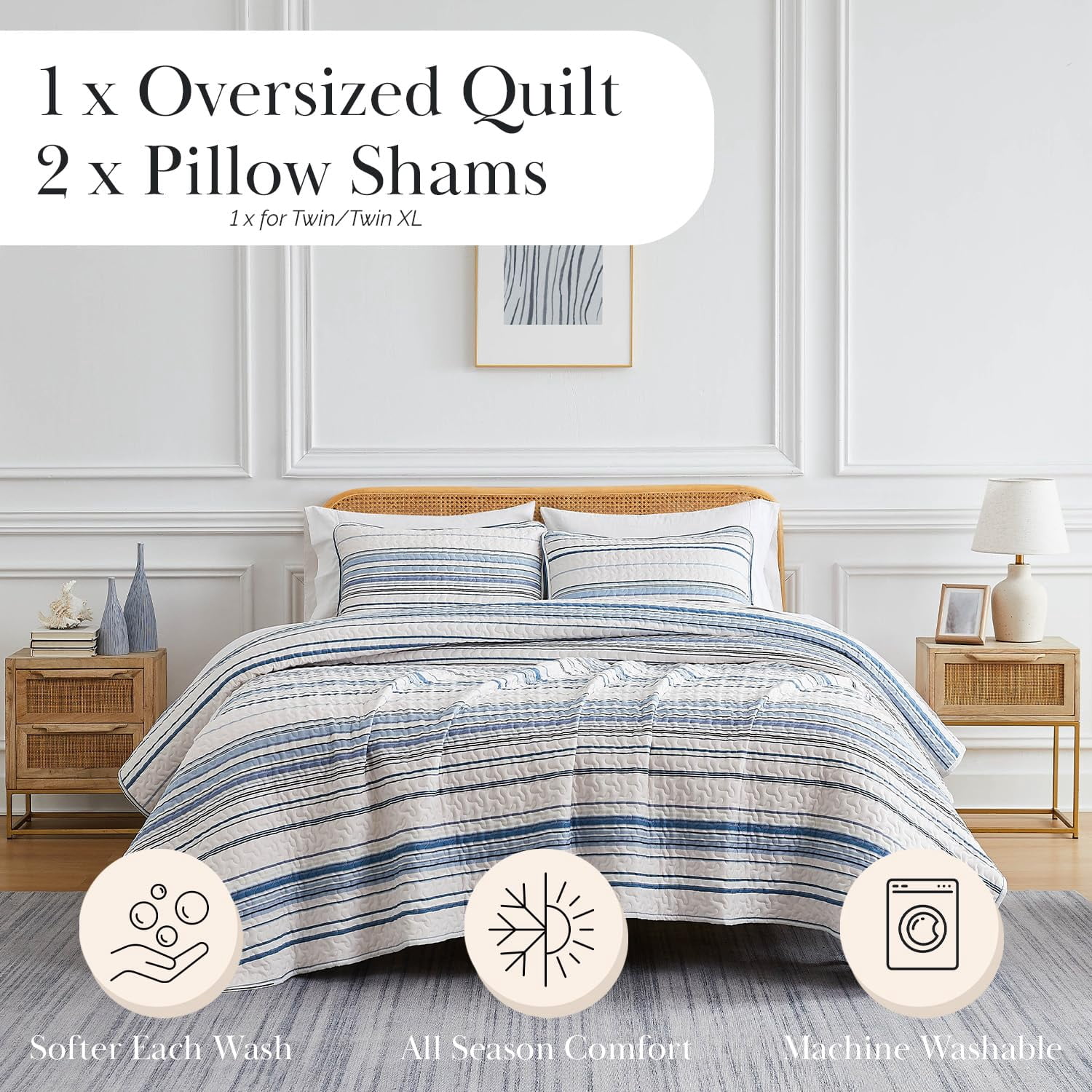 Southshore Fine Living, Inc. Oversized King Quilt Set, Striped Blue Bedspread King/California King, 3-Piece Coastal Bedding Set, Quilt and 2 Matching Shams, Soft Microfiber Quilt, Blue Stripes