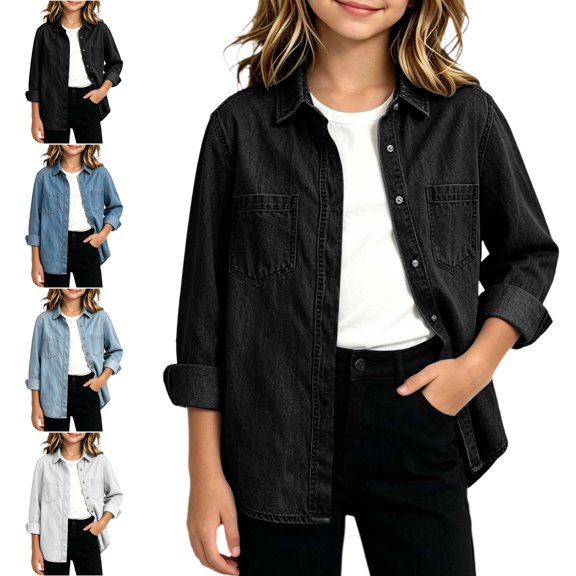 TGSLY Girls' Denim Jacket Lightweight Collared Button Down Long Sleeve Jean Coat Relaxed Casual Solid Color Layering Outerwear with Chest Pockets 5-6 Years
