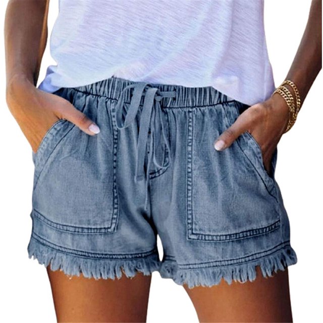 EYIIYE Women Washed Denim Shorts Casual Drawstring Elastic Waist Loose Shorts