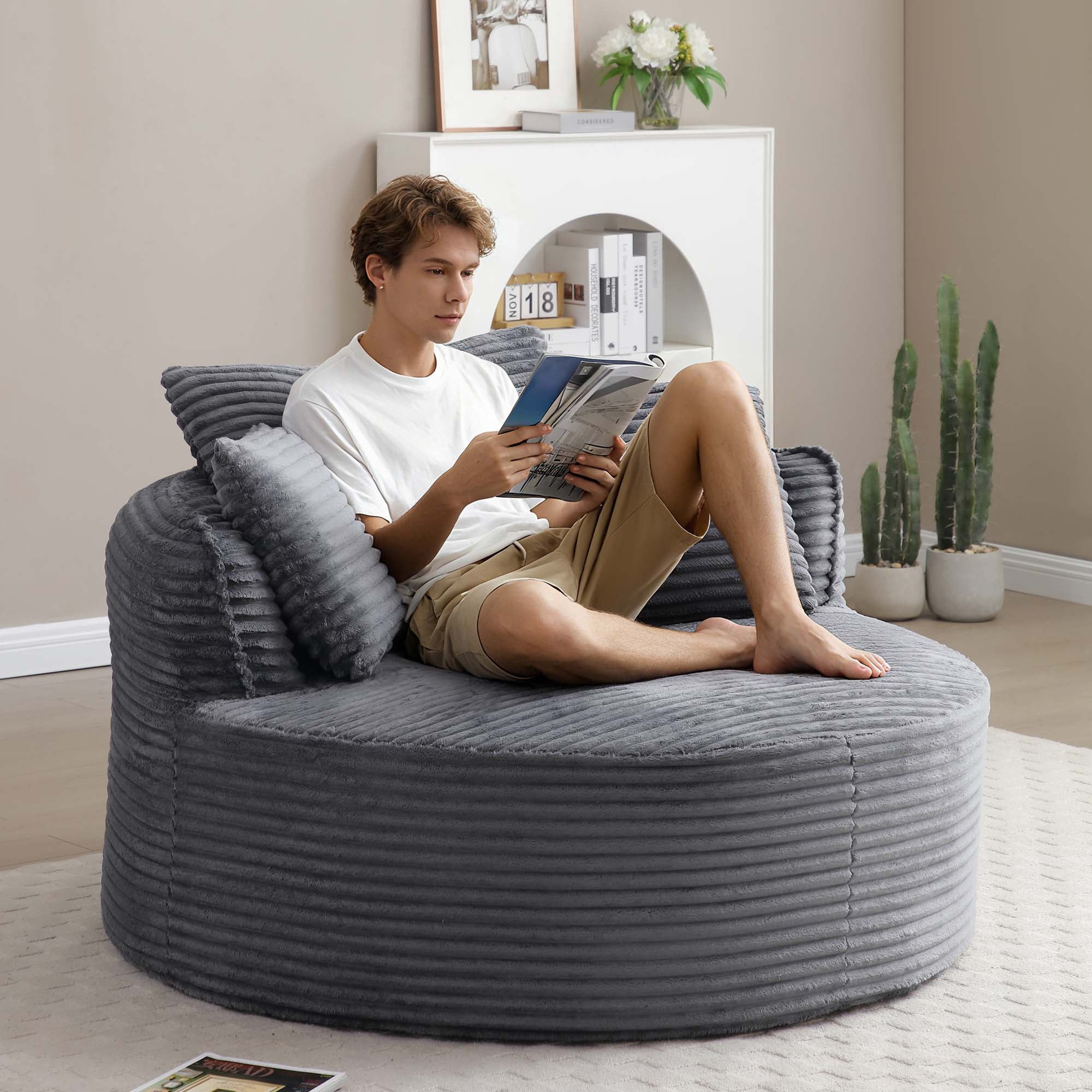 Miniyam 54" Corduroy Round Accent Chair, Boneless Design with Lumbar Support Pillows, Soft & Durable, Ready-to-Use(Grey)