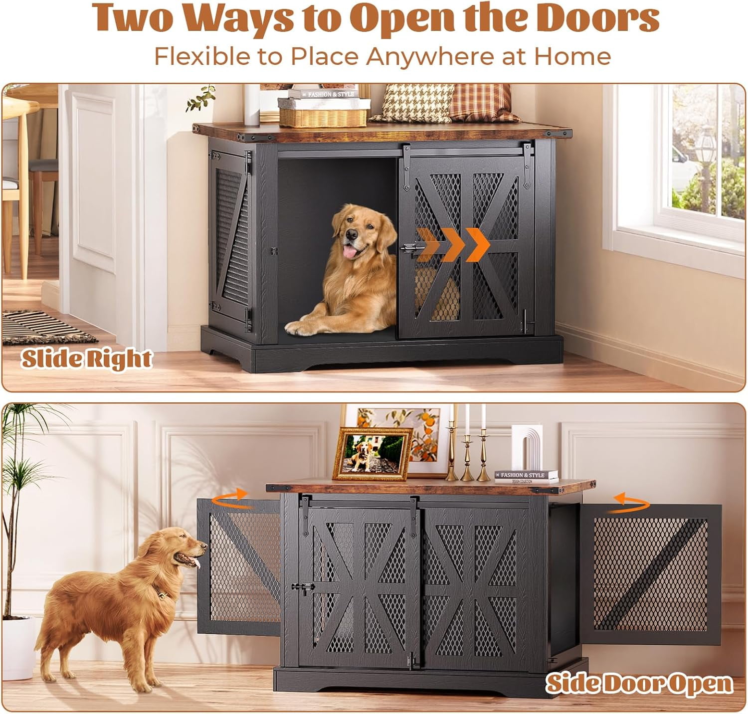 Flycity 39.4''Farmhouse Dog Crate Furniture with Sliding Door, Heavy Duty Dog Crate for Small Medium Dogs, Wooden Dog Kennel Indoor with 3 Doors, Decorative Pet House End Table for Living Room, Black