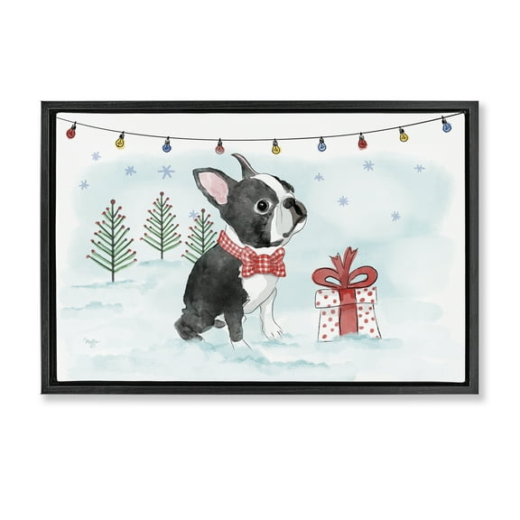 Stupell Industries Snowy Boston Terrier Holiday Painting Black Floater Framed Canvas Art Prints Wall Art, 25 x 17