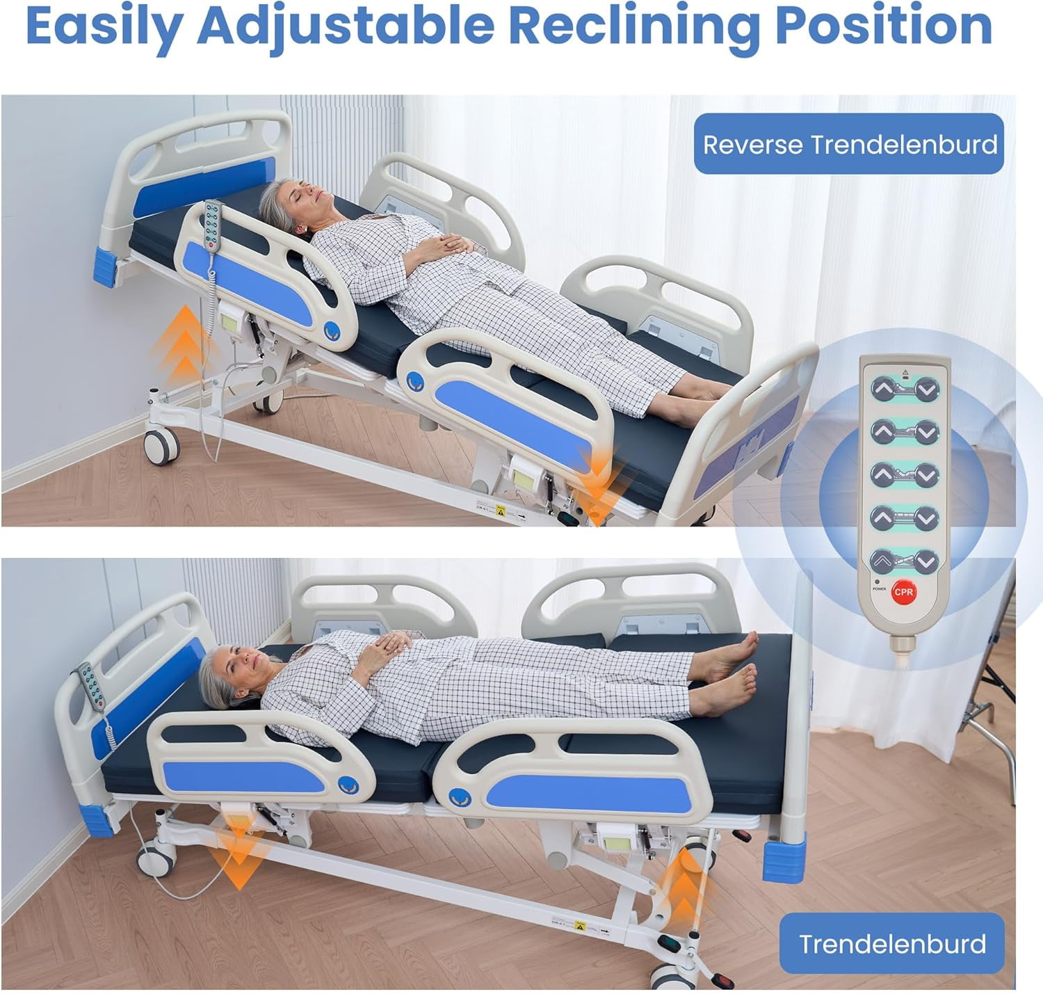 Naipo 5 Function Full Electric Hospital Bed, ICU Electric Medical Bed, 5 inch Locking Casters, IV Pole for Home Hospital Use, 530lbs Capacity