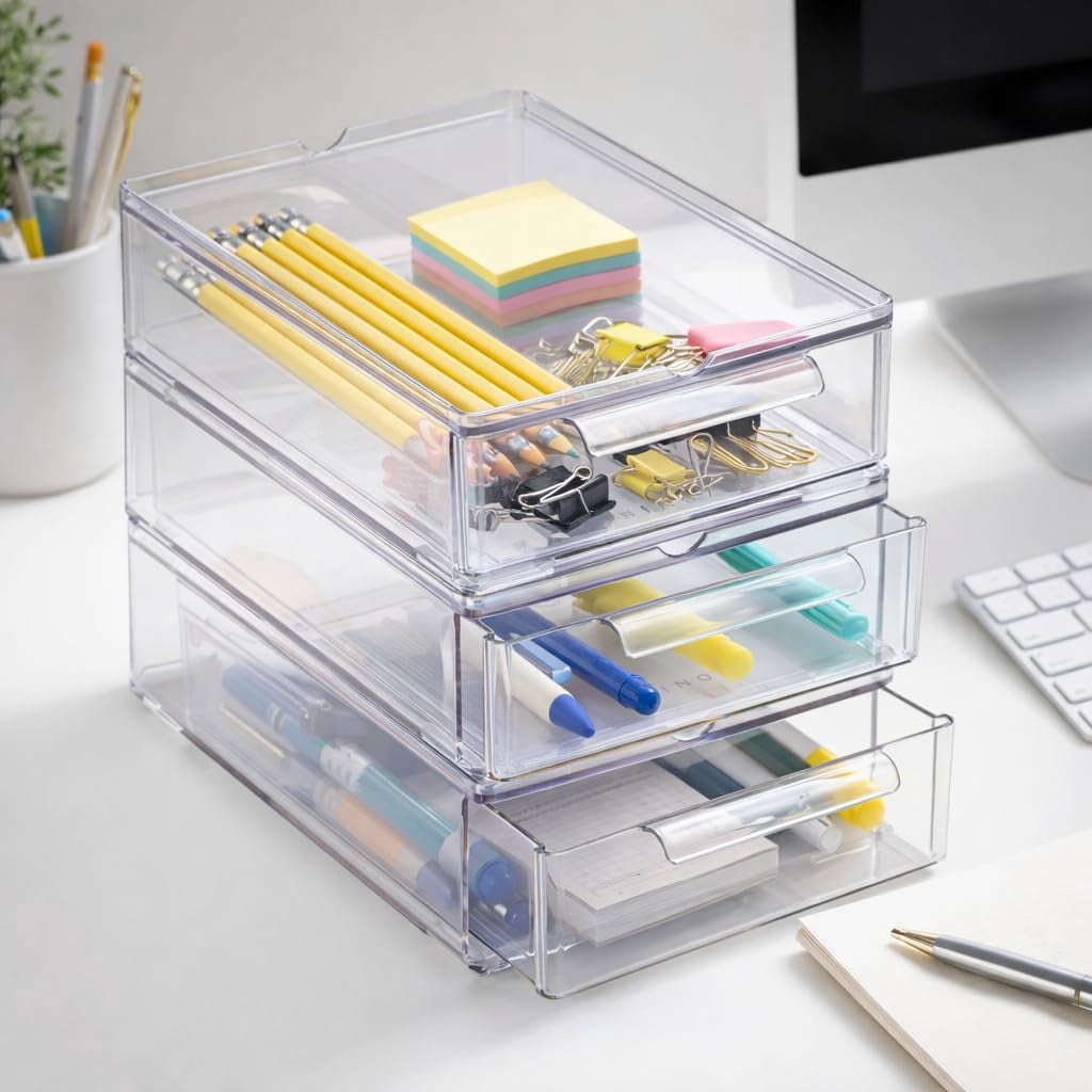 Clear Stackable Storage Drawers Small 3 Pack Durable Plastic Organizer with Built-In Handles Modular Acrylic Organizer Drawer Set