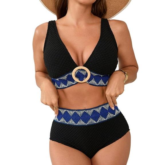 Asoul V Neck High Waisted Bikini Sets for Womens Wide Straps Bathing Suit
