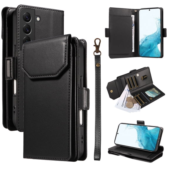 Compatible with Samsung Galaxy S22 Case Wallet with Strap RFID Blocking Card Holder, Multifunctional Wallet Purse Handbag Premium PU Leather Magnetic Flip Kickstand Phone Case,Black