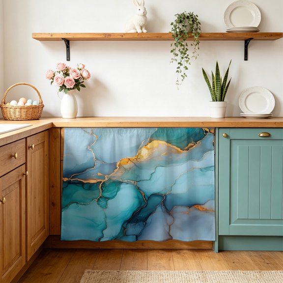 Marble Teal Sink Skirt 11"Wx13"L,Dustproof Under Sink Curtain with Self Adhesive Tape,Modern Ink Painting Abstract Golden Art Cabinet Curtain Cover for Bathroom Vanity,Kitchen Cabinet Storage Shelf