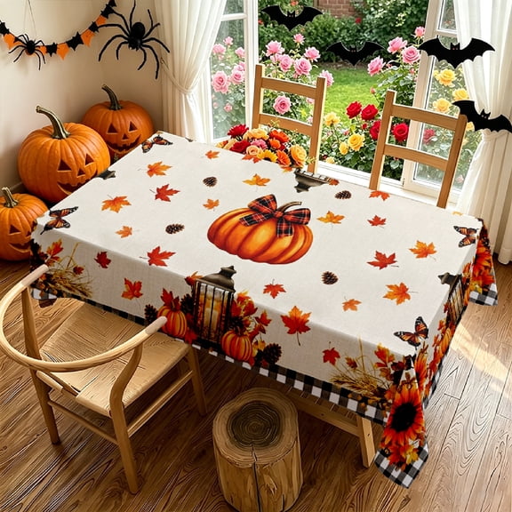 Pumpkin Maple Leaf Pinecone Fall Harvest 2D Print Tablecloth,Rectangular Table Cover for Kitchen Outdoor Patio Garden,Halloween Thanksgiving Christmas Party Home Decor,Gift for Decor Enthusiasts