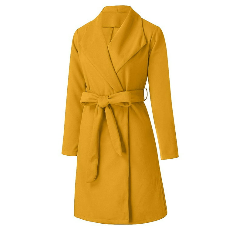 Entyinea Womens Trench Coat Peacoat Windproof and Waterproof Single Mid  Length Dress Coat with Adjustable Belt Yellow M