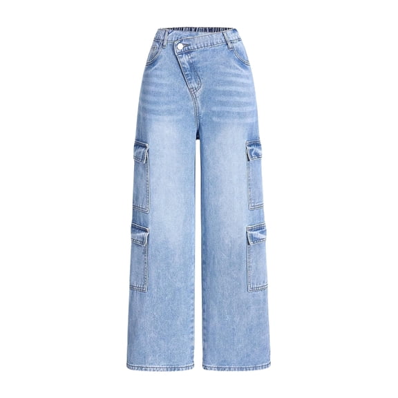 OYYN Girls Jeans High Waist Cargo Jeans Light Wash Wide Leg Denim Pants with Multi Pockets 7-14 Y