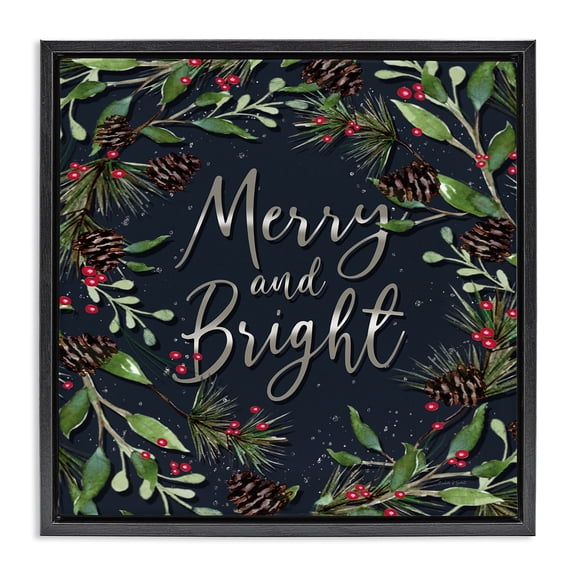 Stupell Industries Rustic Lodge Merry & Bright with Holly Leaves Black Floating Frame Canvas Art, 18 x 18, by Elizabeth Tyndall