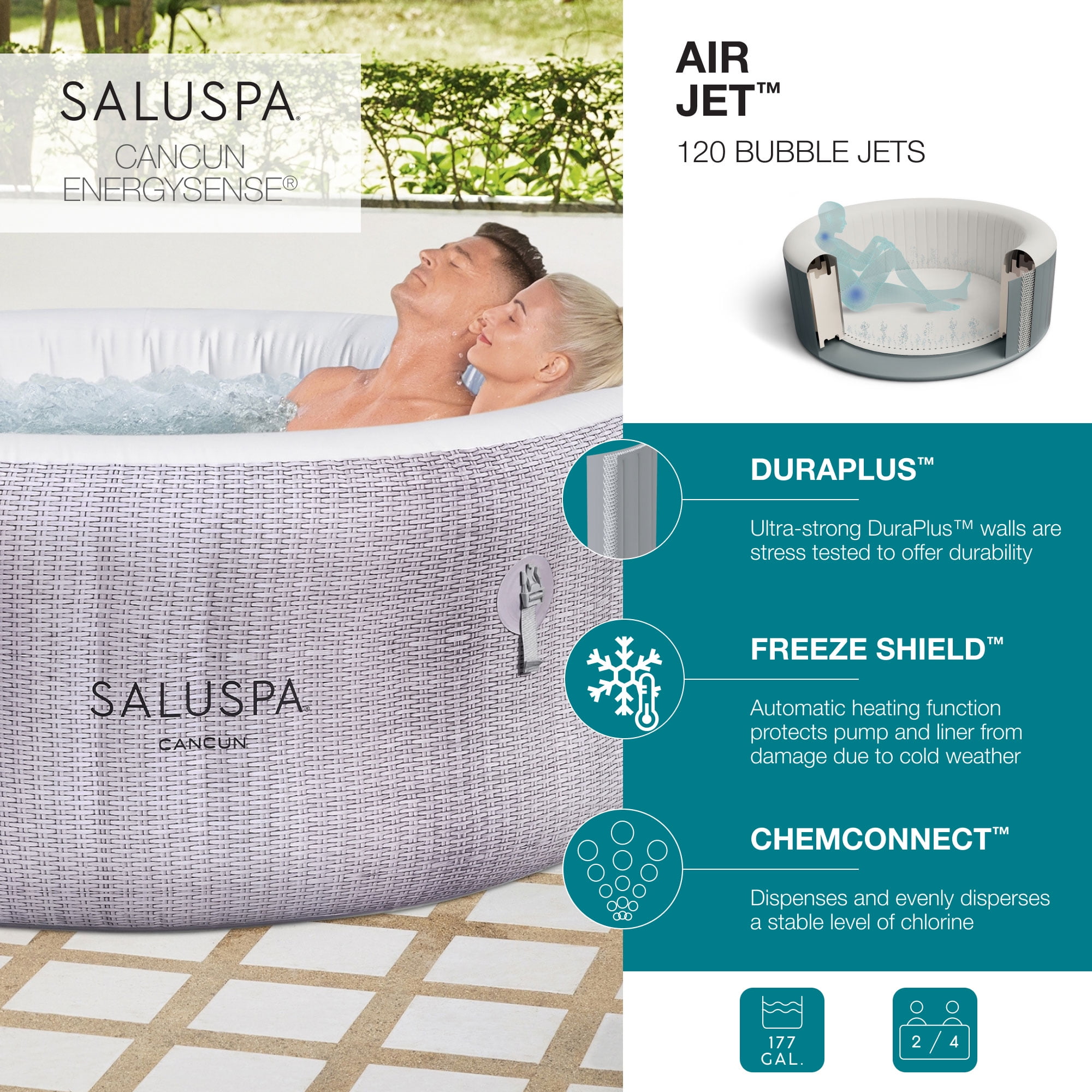 Bestway SaluSpa Cancun 2-4 Person Inflatable Hot Tub, Energy-Efficient Portable Spa