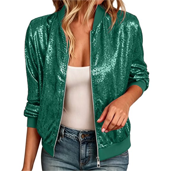 JUUNthy Women's Sequin Bomber Jacket, Zip Up Stand Collar Long Sleeve Glitter Fashion Party Outerwear Green L