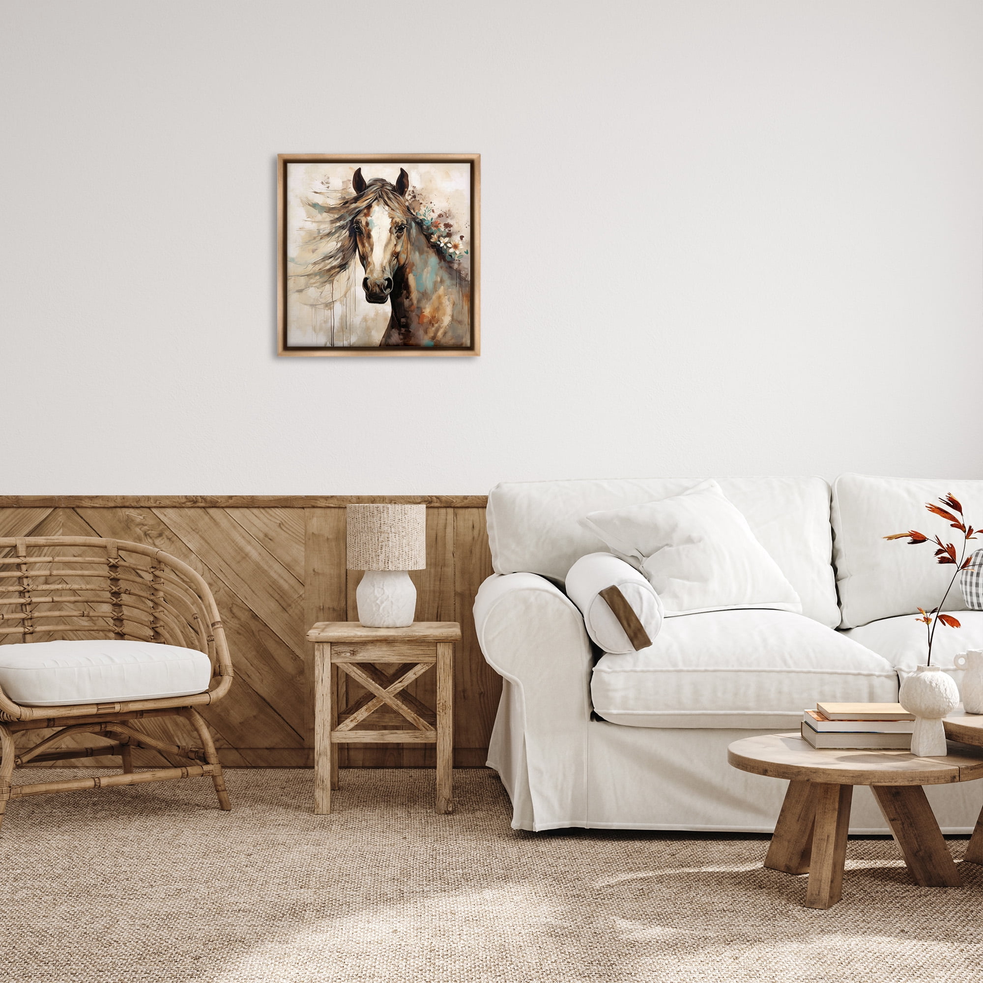 Stupell Industries Brown Horse with Florals Animals & Insects Painting Brown Floater Framed Canvas Art Print Wall Art, 25 x 25