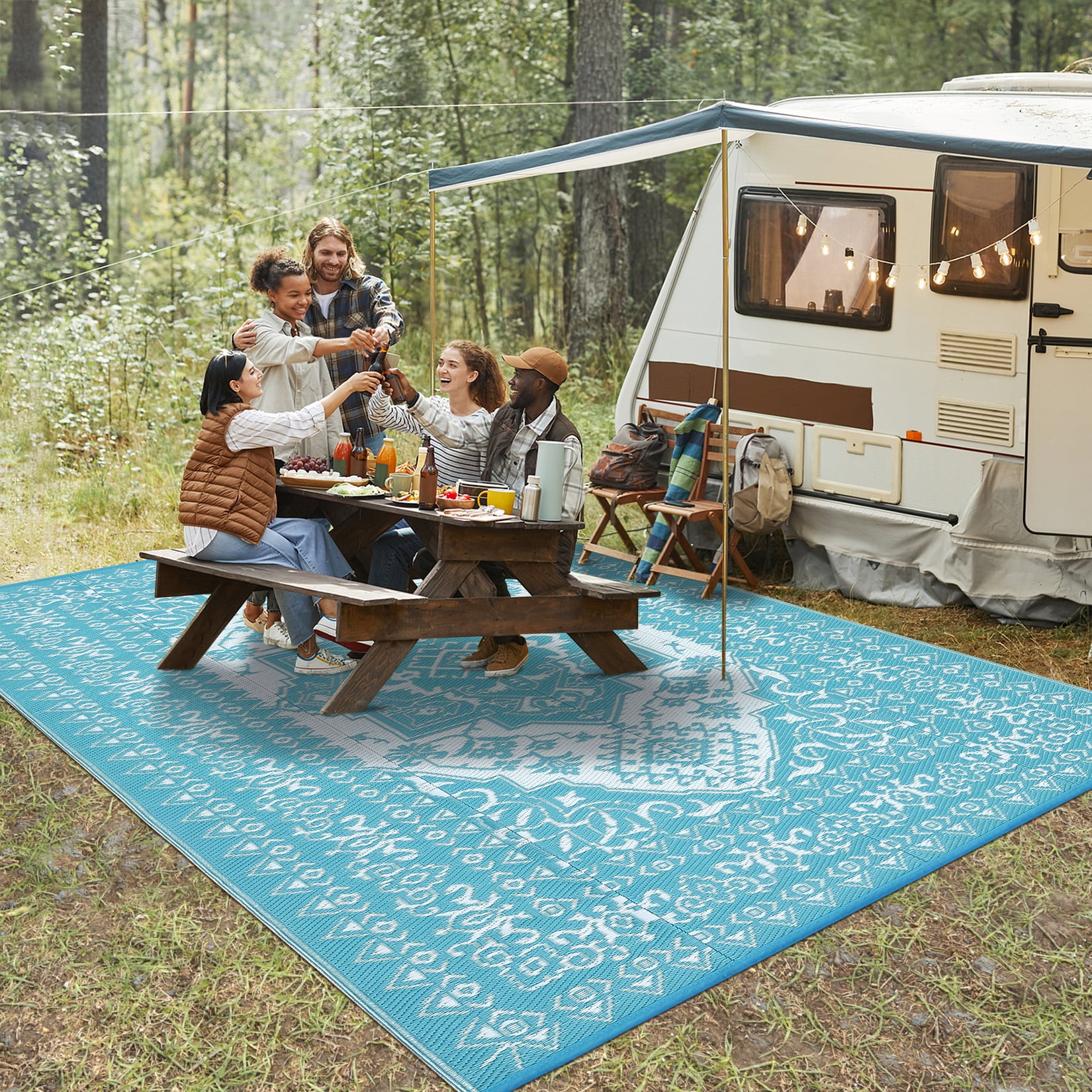 Outdoor Rug 8x10 Waterproof Reversible Plastic Straw Patio Mat, Vintage Medallion Indoor Outdoor Carpet for Deck Balcony Porch RV Camping Picnic