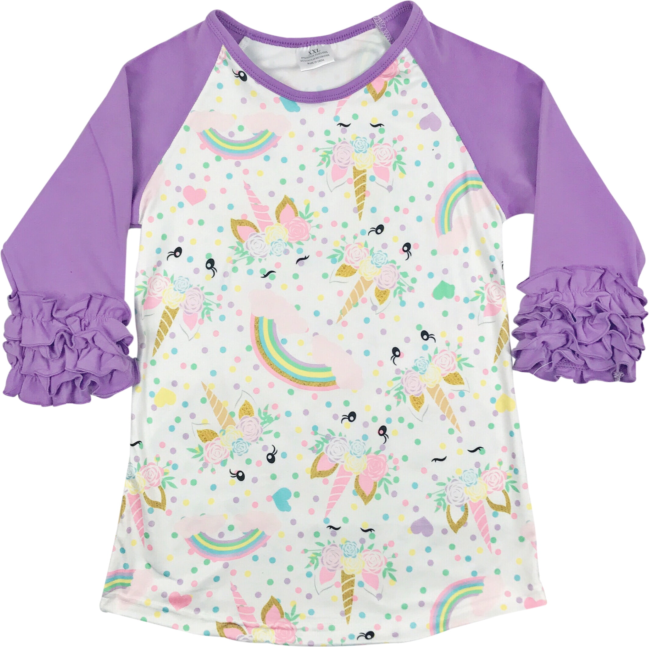 Little Girl Kids Unicorn Ruffle Sleeve Raglan Cotton Shirt Top Tee T