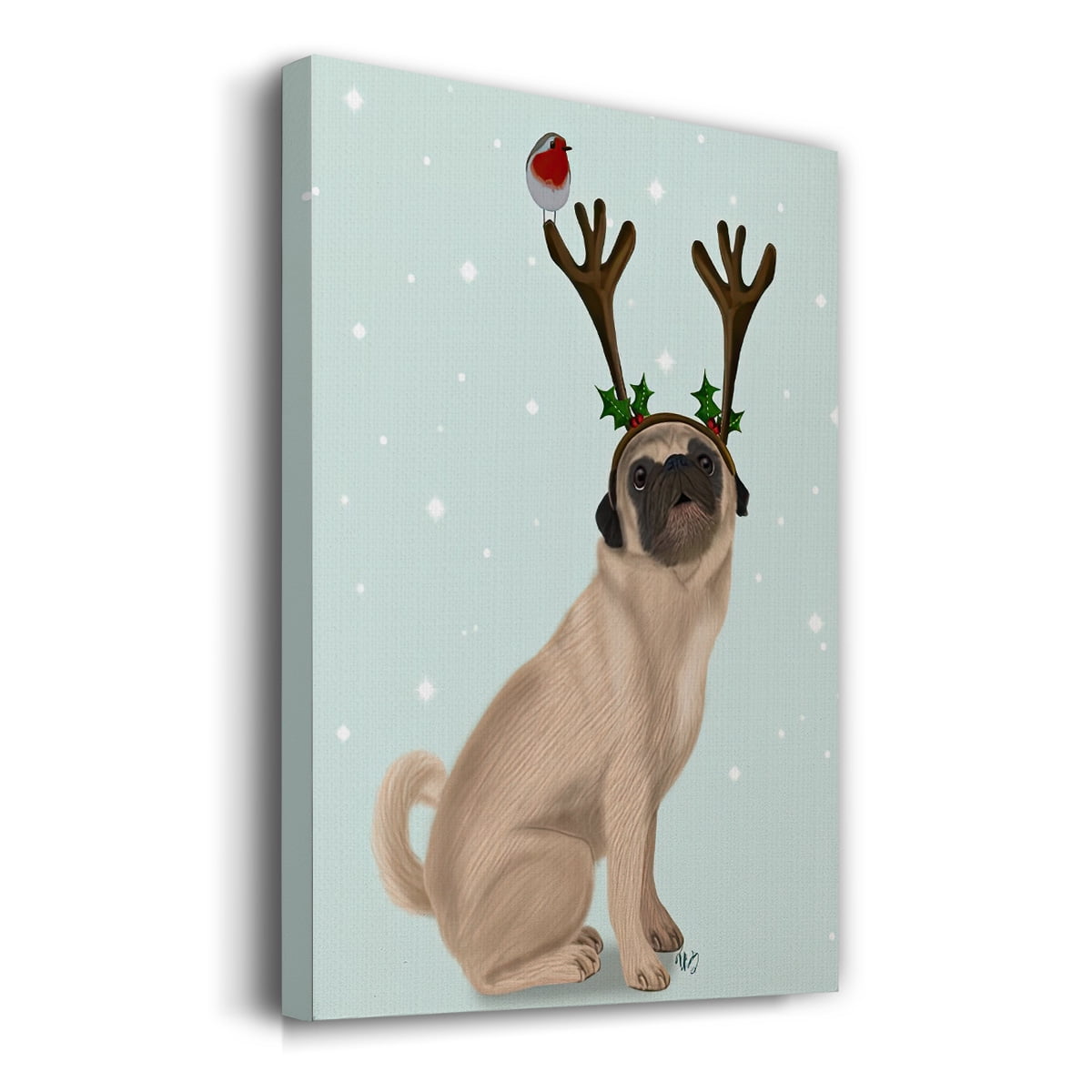 Christmas Pug with Antlers and Robin- Gallery Wrapped Canvas