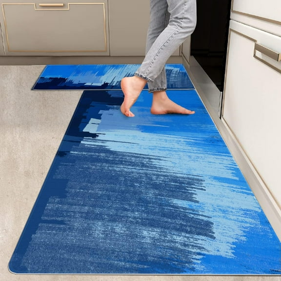 2 Pieces Kitchen Rugs, Abstract Anti Fatigue Non Slip Foam Cushioned Bluejay Royal Blue Art Dappled Comfort Indoor Floor Mat Runner Rug Set for Laundry Office Sink Bathroom (17"x48" 17"x24")