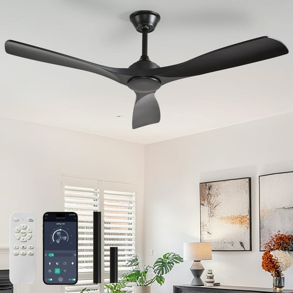 52-Inch Black Ceiling Fan with no Light: Indoor/Outdoor Use Hanging Fan, Remote & APP Control, High Efficiency with Quiet DC Motor, Timer Function