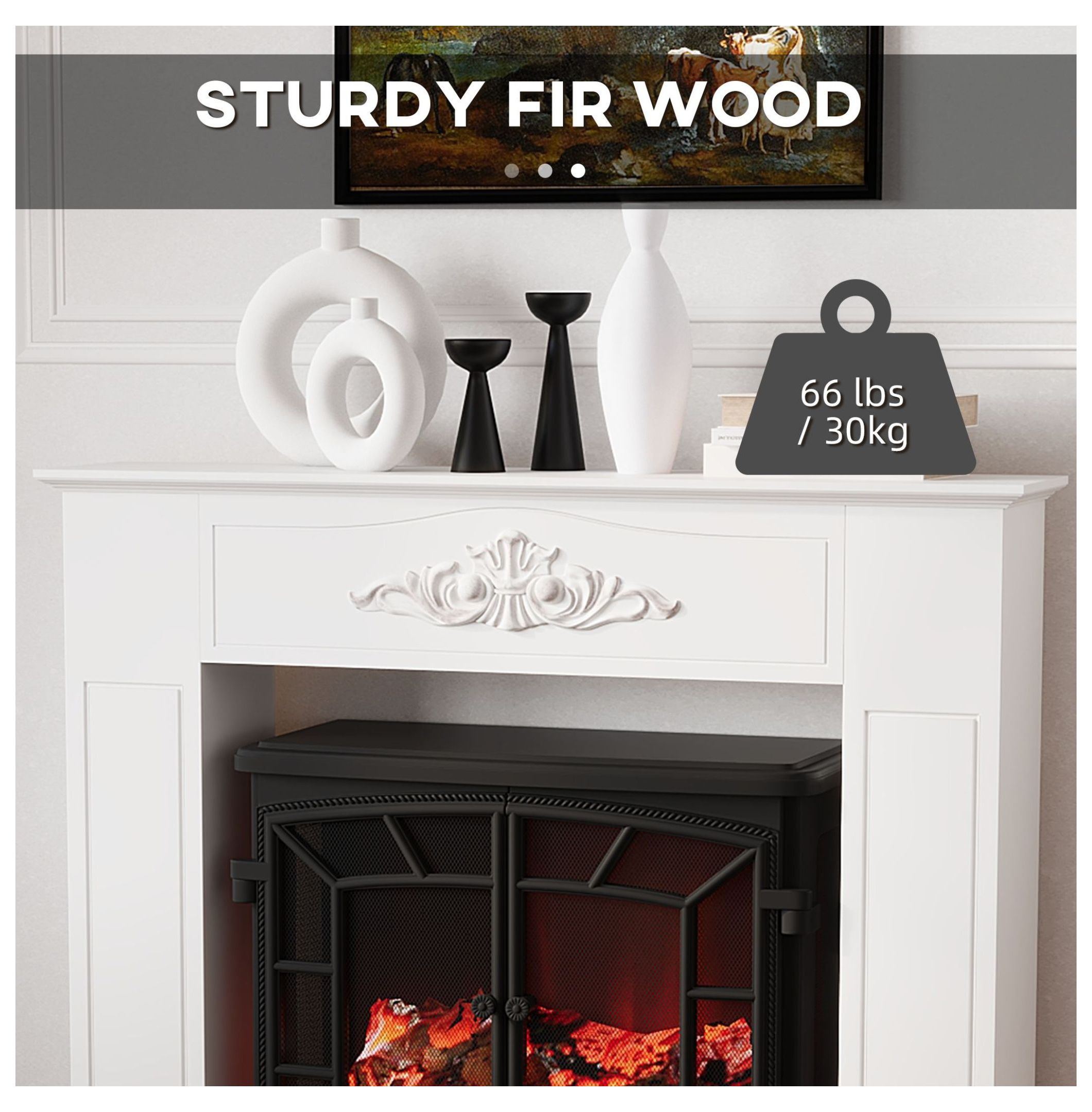 Fir Wood Fireplace Mantel Surround 44.75", Distressed White, Freestanding Electric Fireplace, Living Room Decor
