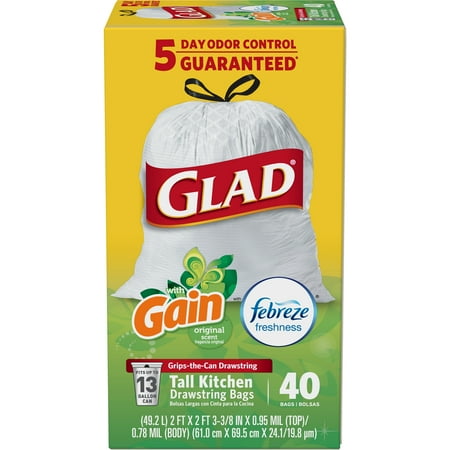 Glad OdorShield Tall Kitchen Drawstring Trash Bags, Gain Original with Febreze Freshness, 13 Gallon, 40 Count