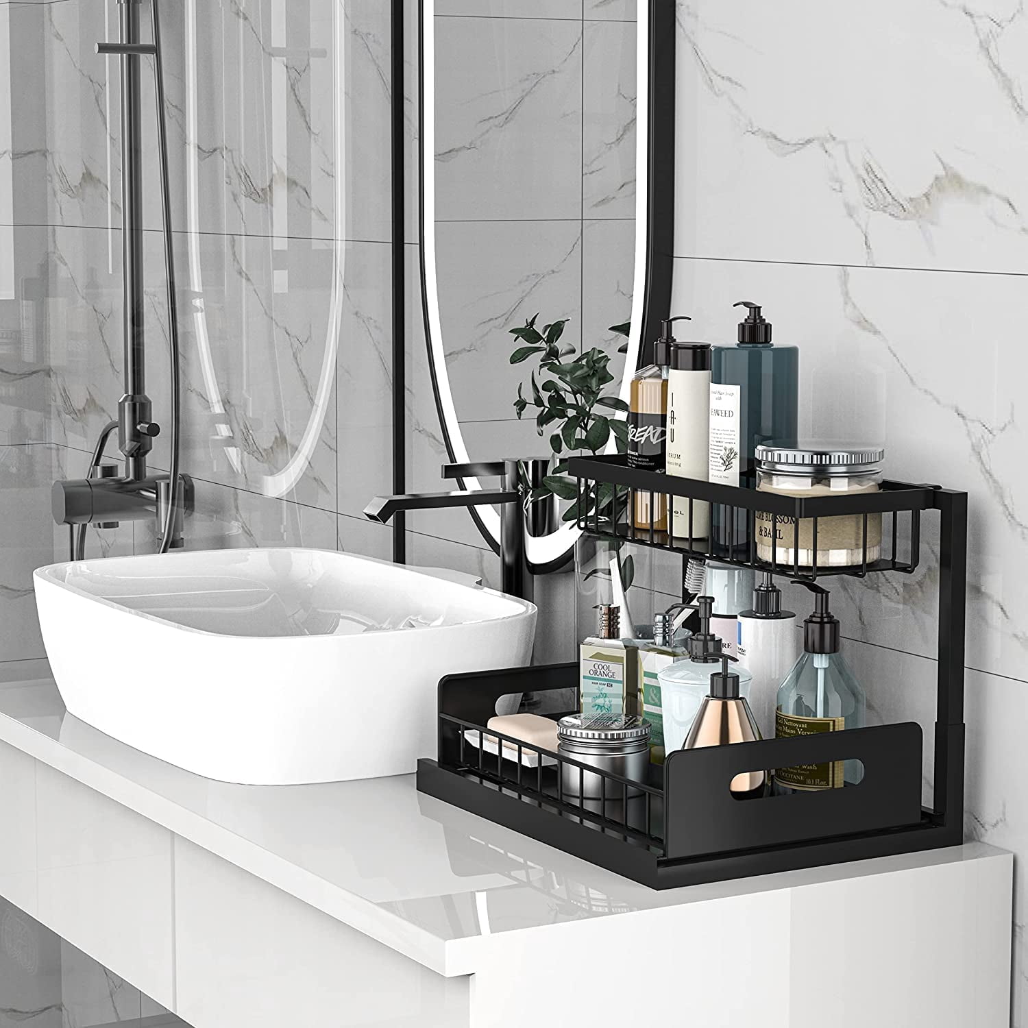TEXIJUSO Under Sink Organizer and Storage, 2 Tier Rustproof Under Cabinet Storage, Sliding Kitchen Sink Organizer for Kitchen Bathroom