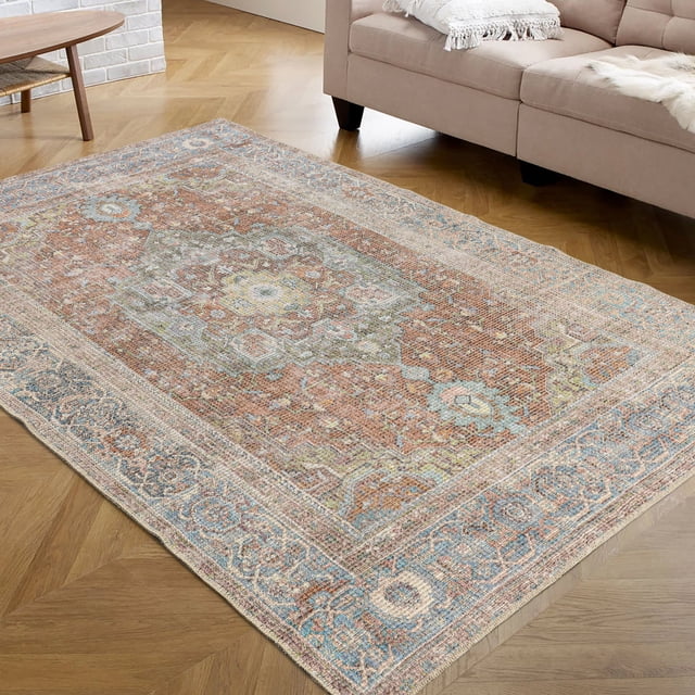 LaDole Rugs 5x8 Living Room Premium Cotton Washable Area Rug | Home Decor Boho Carpet For Living Room, Bedroom, Dining Floor |Blue Terra Multicolor, 5x7