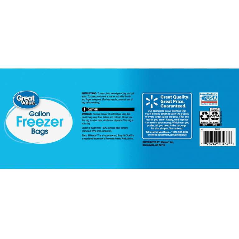 Great Value Freezer Guard Double Zipper Freezer Bags, Quart, 25