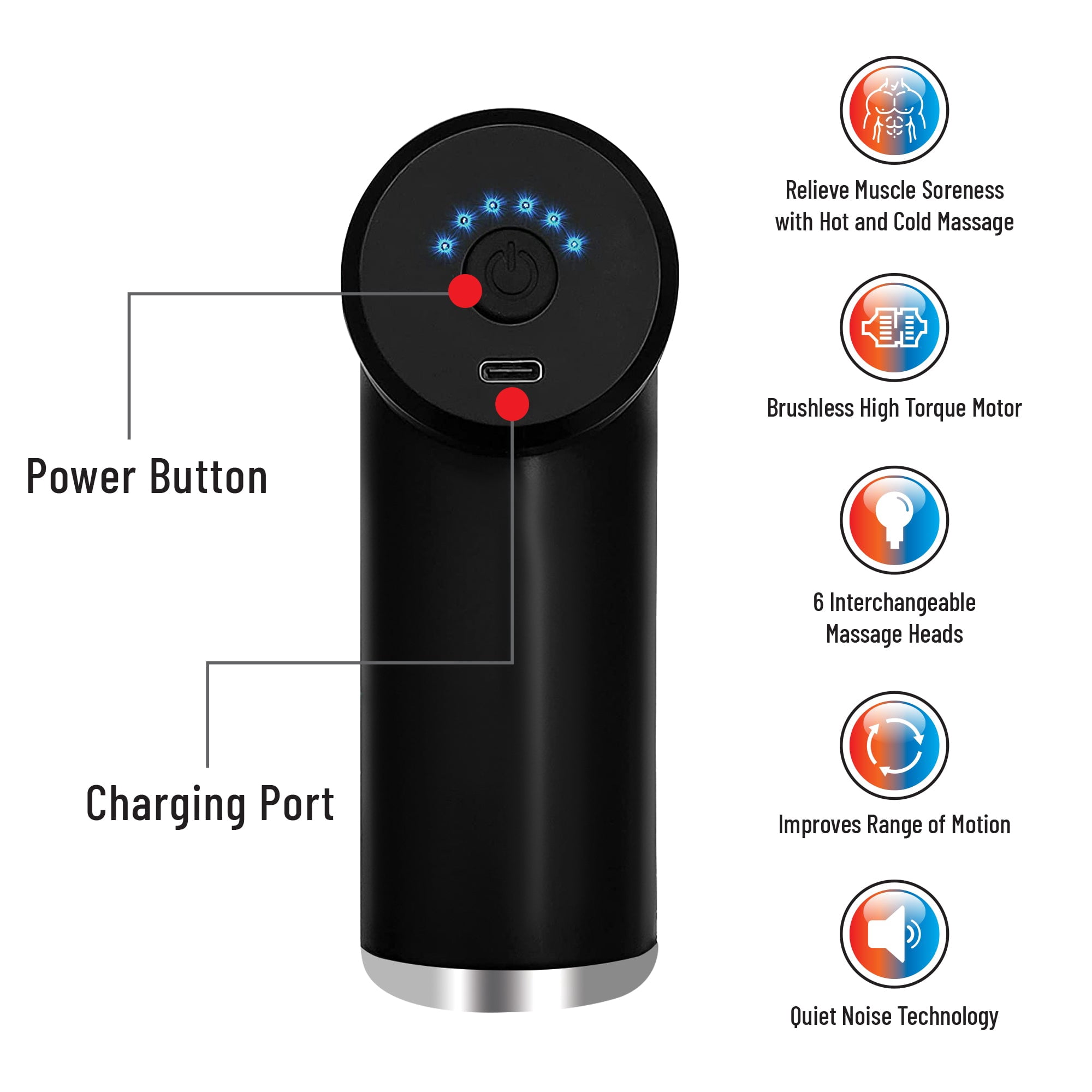 TRAKK Compact Hot & Cold Massage Gun- Multiple Modes and Speeds-6 Heads