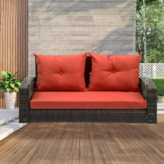 Dextrus Wicker Hanging Porch Swing Chair Outdoor Brown Rattan Patio Swing Lounge w/ 2 Back Cushions Capacity 770lbs for Garden, Balcony, Living Room, Red