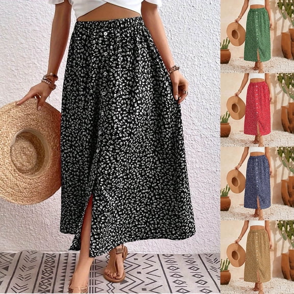 POIUYTR Summer High Waist Skirts for Women Button Slit Ditsy Floral Long Skirt Casual Vacation Skirts