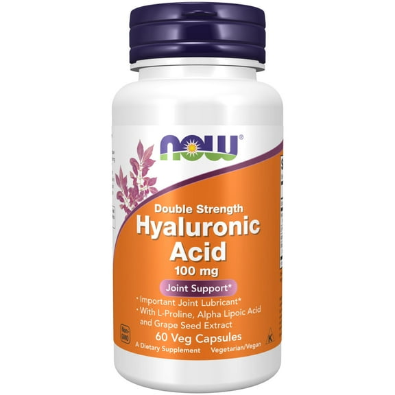 NOW Supplements, Hyaluronic Acid 100 mg, Double Strength with L-Proline, Alpha Lipoic Acid and Grape Seed Extract, 60 Veg Capsules