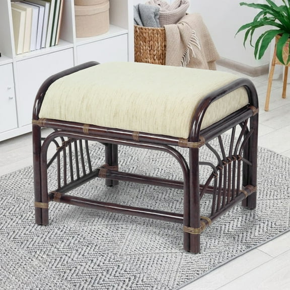 SK New Interiors Krit Ottoman Footstool ECO Natural Rattan Wicker w/ Cream Cushion, Dark Brown