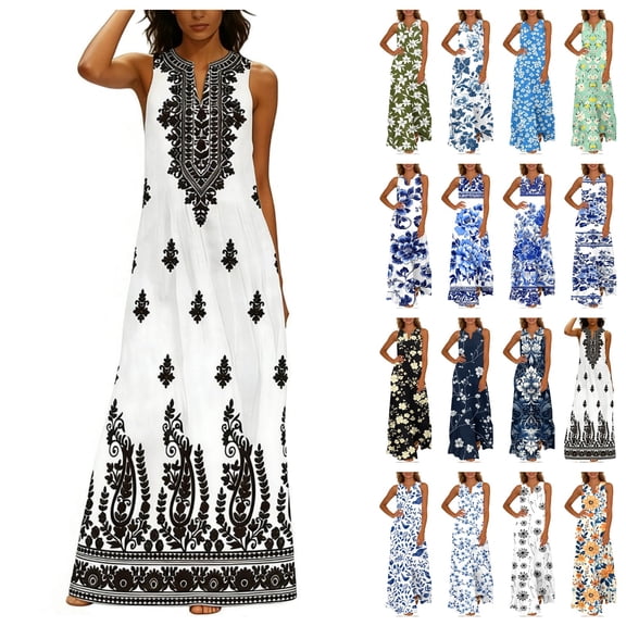 DISKEBUISS Summer Dresses for Women Fashion Print Sleeveless V-Neck A-Line Maxi Dress Dressy Party & Vacation