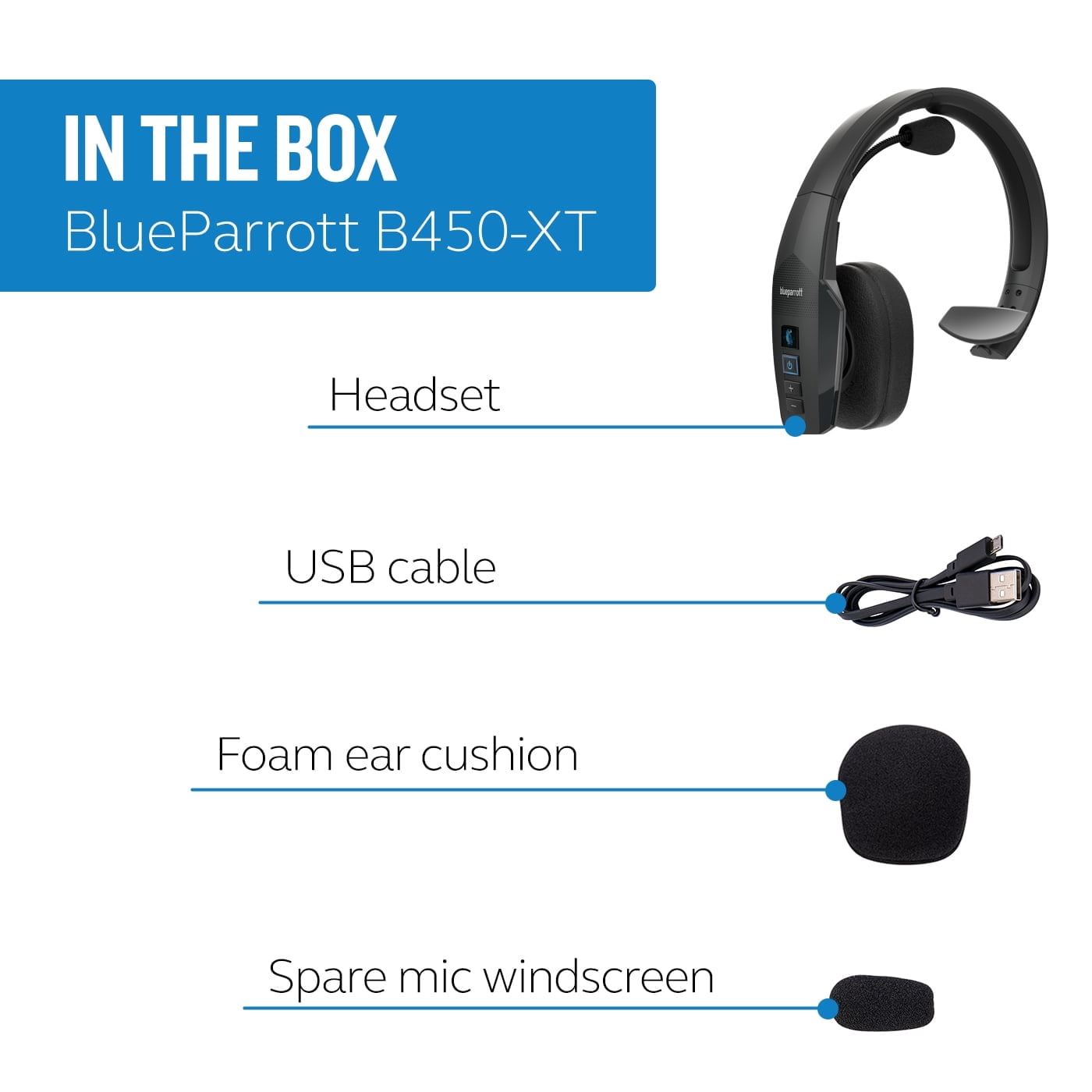 BlueParrott, R-204270-B, B450-XT, Noise Cancelling Trucker Bluetooth Headset, hands-free headset features a long wireless range of 300 feet/100 meters Plus, Black, 1, 1, 1