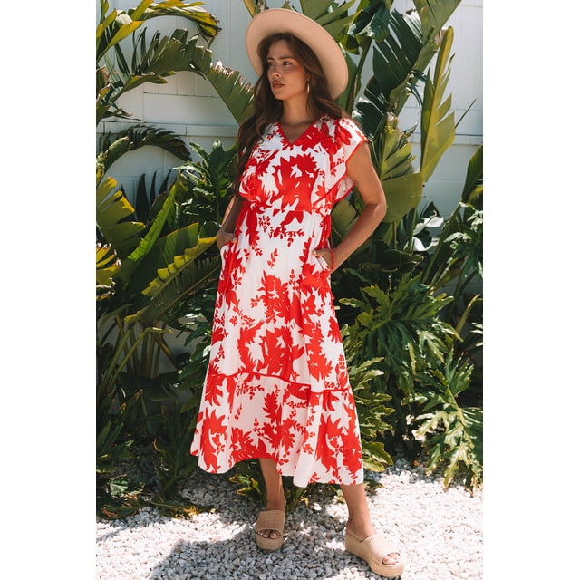I AM A FASHION JUNKY Red Floral Print Trimmed V Neck Ruffle Sleeve Long Dress (Red, M, 100%Polyester)