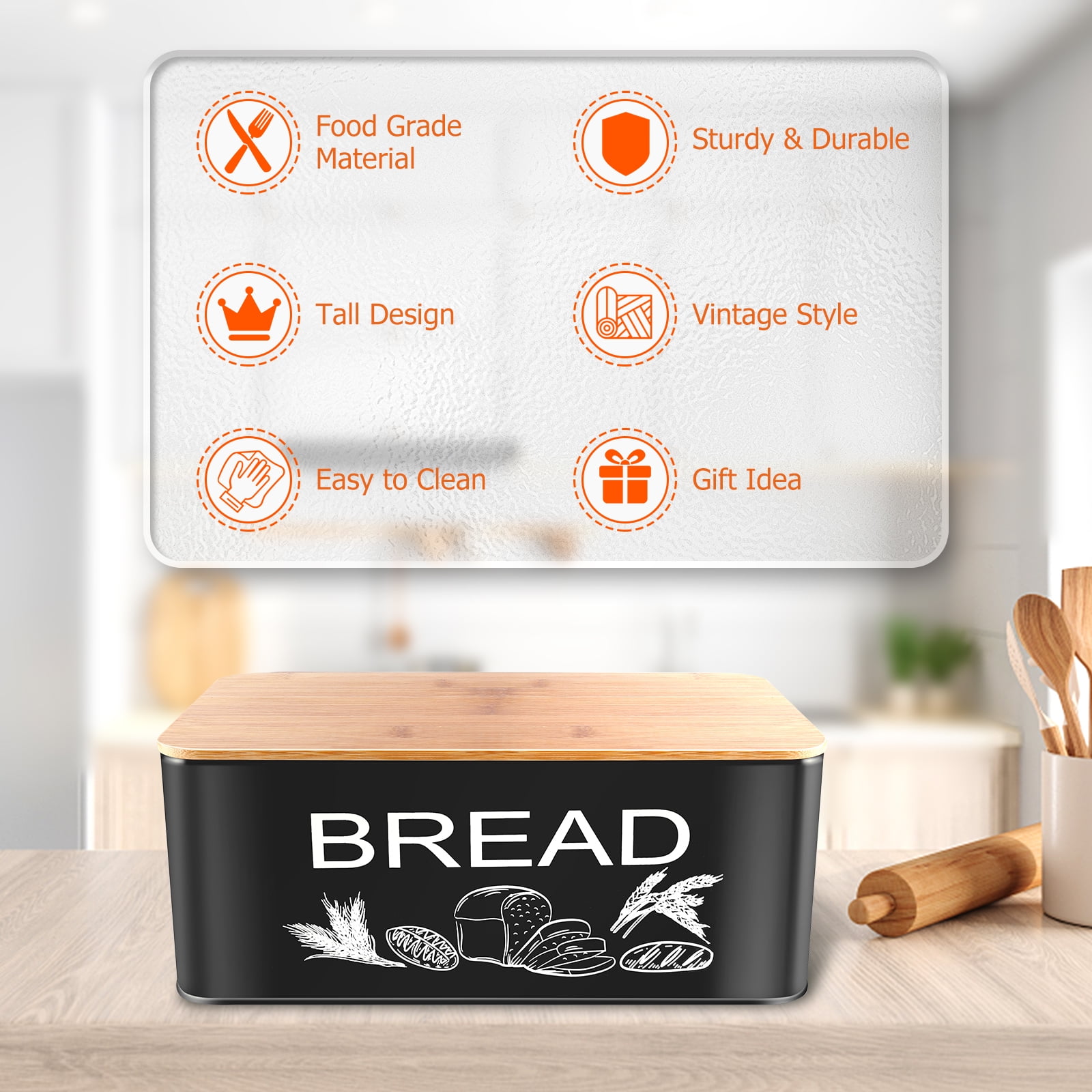 JIGUOOR Black Bread Box, Large Space Metal Bread Box with Wooden Cutting Board Lid, Farmhouse Bread Bins Kitchen Bread Storage 12.99" x 7.08" x 4.72"（L Size）
