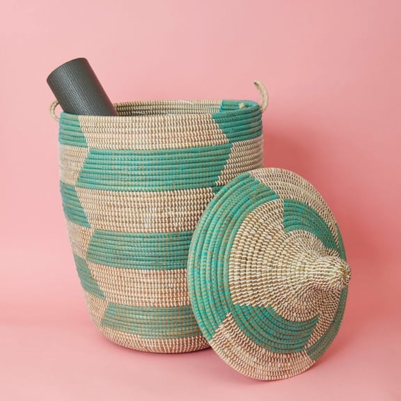 Decorative Wicker Basket with Lid  Handles, Laundry Hamper, Blanket Storage, Toy Bin, African Woven, Hood Lid, Turquoise White, Large Size