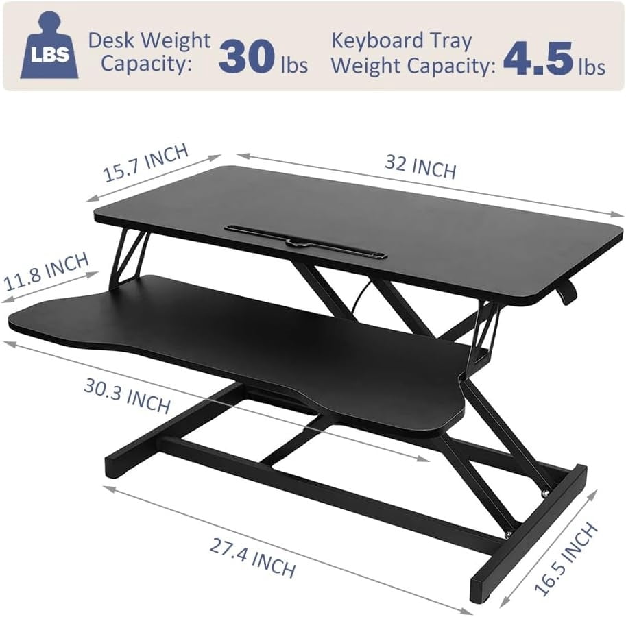 32" Desk Converter,Height Adjustable Standing Desk Converter for Home Office,Dual Monitor and Laptop Workstation with Wide Keyboard Tray,Black
