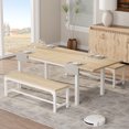 thumbnail image 1 of Extendable Dining Table Set for 4-8 People, 5 Piece Mid Century Modern Kitchen Table with 2 Benches and 2 Stools, Space Saving Metal Frame Desk for Small Spaces, Wood Walnut White Black, 1 of 8