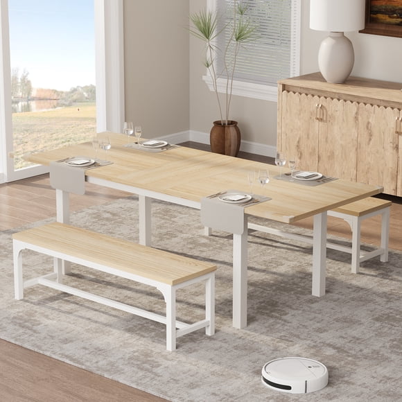 Extendable Dining Table Set for 4-8 People, 5 Piece Mid Century Modern Kitchen Table with 2 Benches and 2 Stools, Space Saving Metal Frame Desk for Small Spaces, Wood Walnut White Black