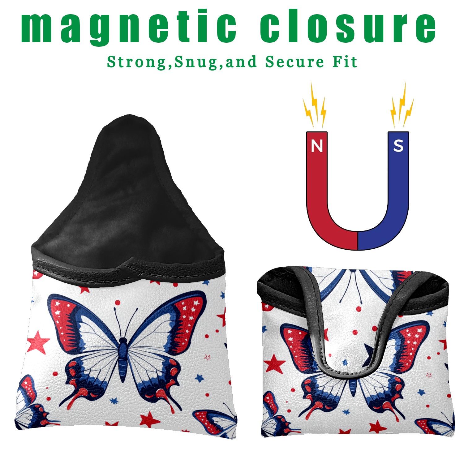 Golf Mallet Putter Cover Premium Leather Waterproof Golf Putter Head Cover with Magnetic Closure Red Blue Butterfly
