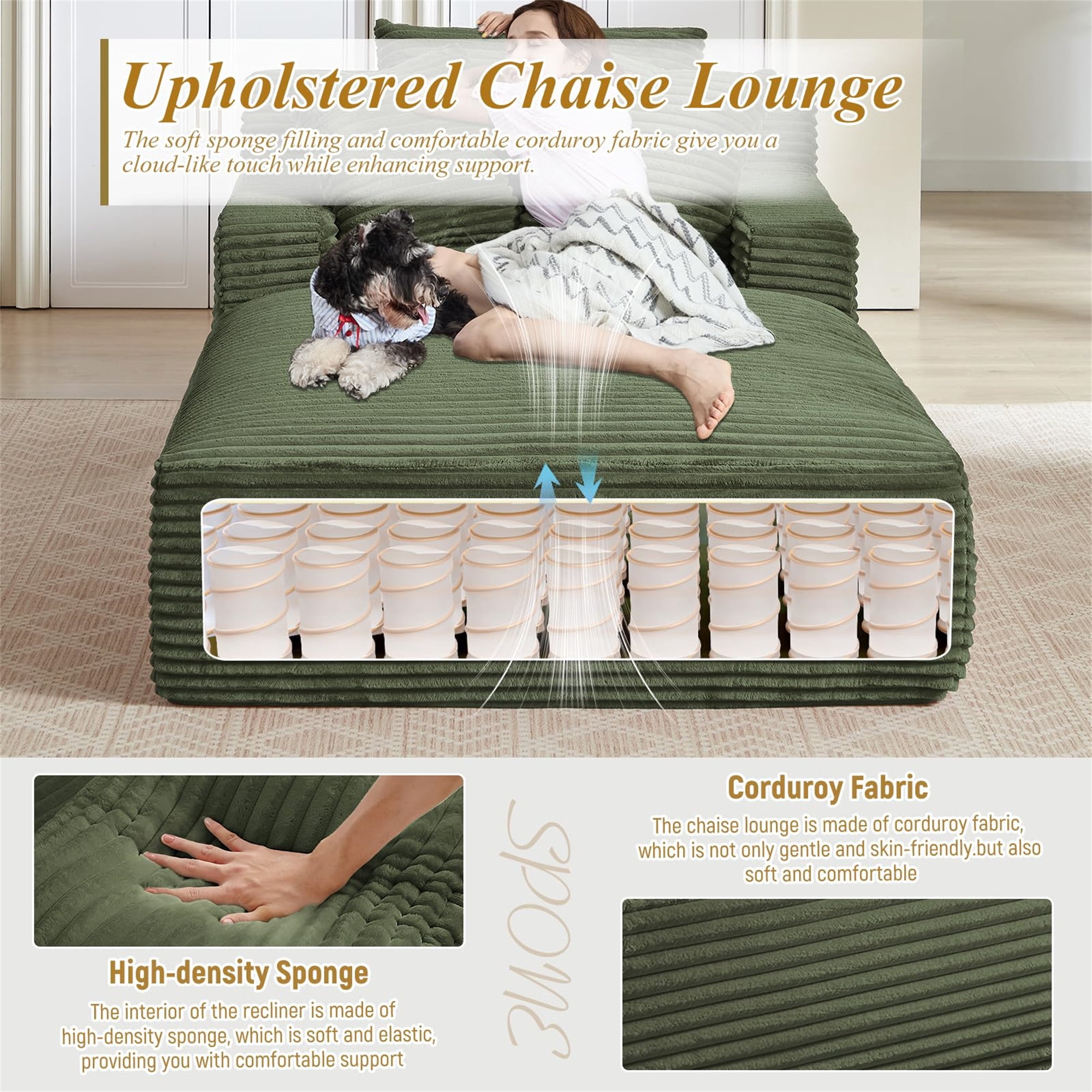 Aukfa Chaise Lounge Oversized Indoor Chair Boneless Couch for Living Room, 3Pillows, Green