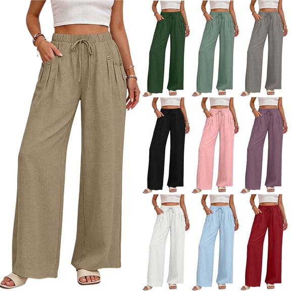 Cmtiyu Women's Wide Leg Pants Palazzo Elastic High Waist Drawstring Trousers With Buttons, Casual Loose Outdoor Pants S-2XL