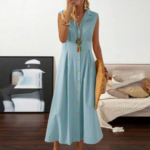 zanvin Summer Dresses , Fashion Women AutumnSolid Causal Turndown Collar Sleeveless Vacation Button Dress