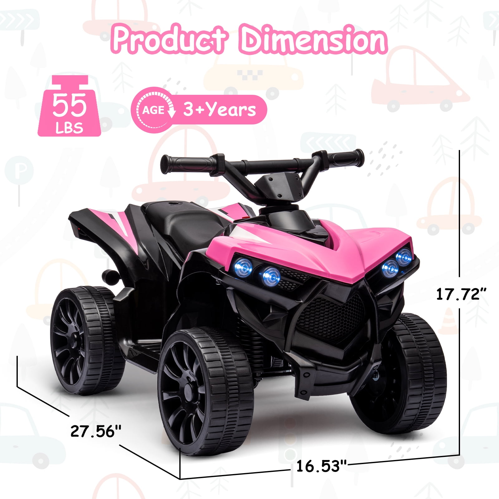 Goldensoil 6V Kids ATV 4-Wheeler, 1.8MPH Max Speed, Ride-On Toy with Music, Up to 55 Pounds, Pink