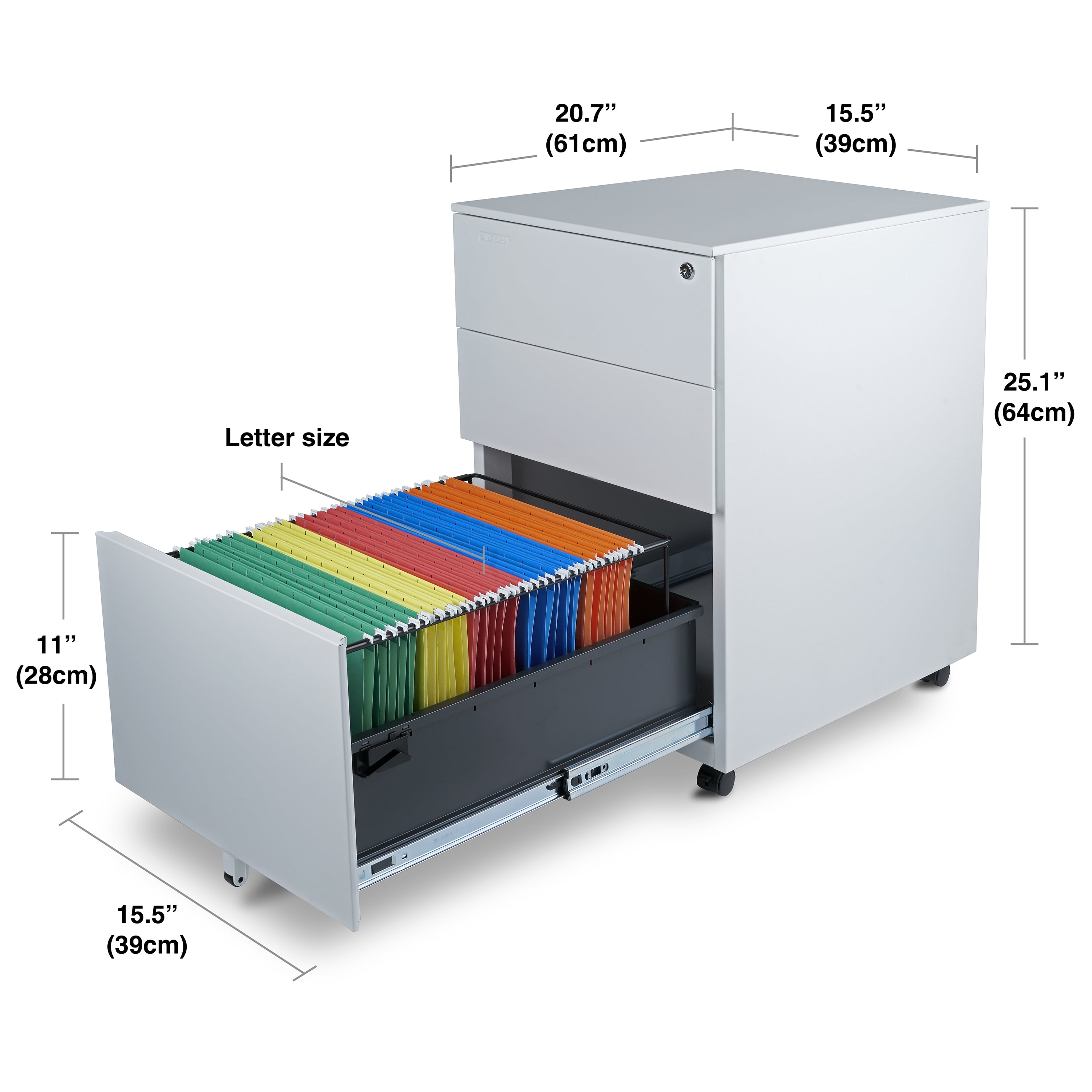 Aurora Modern SOHO Design 3-Drawer Metal Mobile File Cabinet with Lock Key Sliding Drawer, Multiple Colors